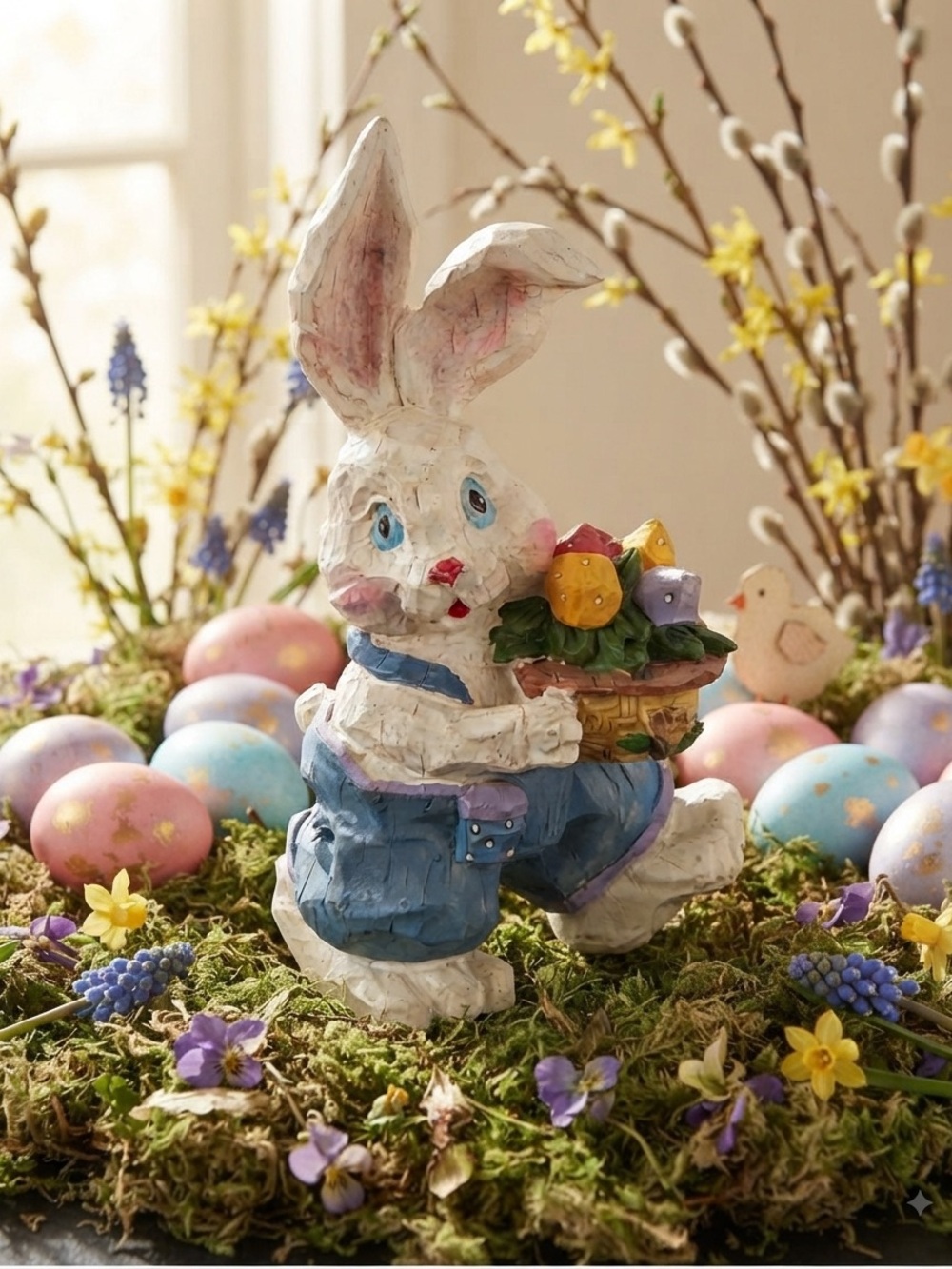 Rare Vintage Charming White Bunny Figurine with Colorful Basket